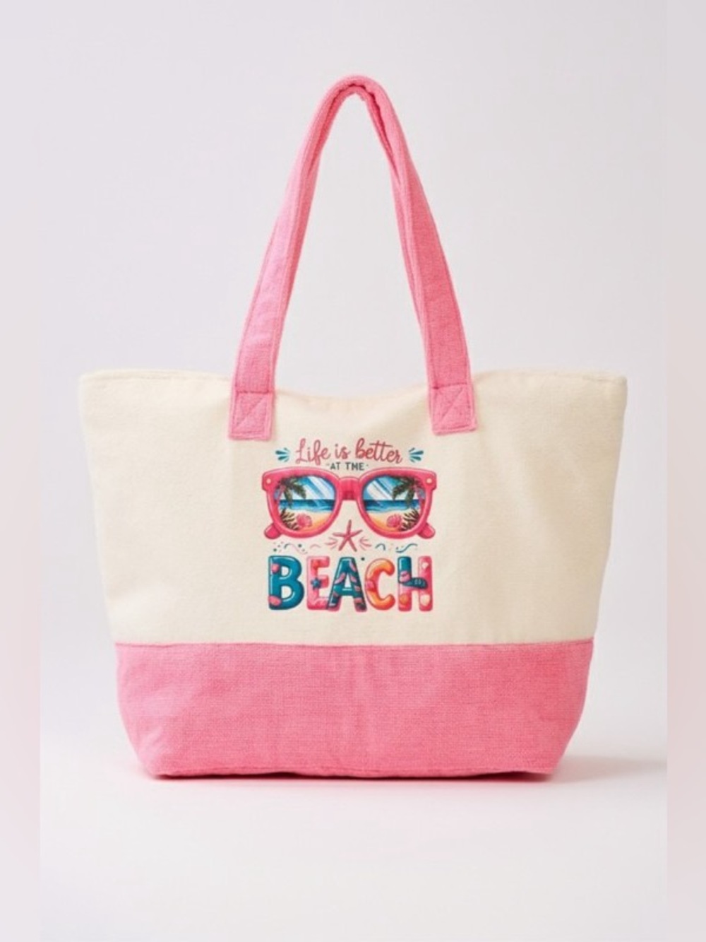 PINK LIFE IS BETTER AT THE BEACH TERRY TOTE BAG